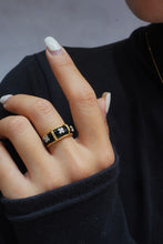 Load image into Gallery viewer, LUOWEND 18K Yellow Gold Real Natural Black Agate and Diamond Gemstone Ring for Women