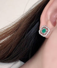 Load image into Gallery viewer, LUOWEND 18K White Gold Real Natural Emerald and Diamond Stud Earrings for Women