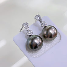 Load image into Gallery viewer, LUOWEND 18K White Gold Real Natural Diamond and Tahiti Black Pearl Earrings for Women