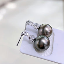 Load image into Gallery viewer, LUOWEND 18K White Gold Real Natural Diamond and Tahiti Black Pearl Earrings for Women