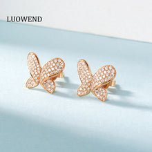 Load image into Gallery viewer, LUOWEND 18K White or Rose Gold Real Natural Diamond Stud Earrings for Women