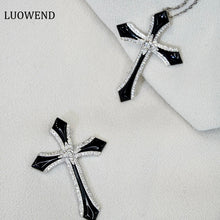Load image into Gallery viewer, LUOWEND 18K White Gold Real Natural Diamond and Onyx Pendant Necklace for Women