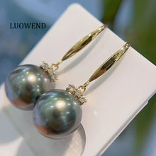 Load image into Gallery viewer, LUOWEND 18K Yellow Gold Real Natural Tahiti Black Pearl Earrings for Women
