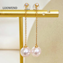 Load image into Gallery viewer, LUOWEND 18K Yellow Gold Real Natural Akoya Pearl Earrings for Women