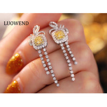 Load image into Gallery viewer, LUOWEND 18K White Gold Real Natural Yellow Diamond Earrings for Women