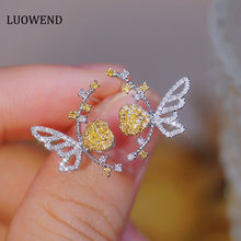 Load image into Gallery viewer, LUOWEND 18K White Gold Real Natural Yellow Diamond Stud Earrings for Women