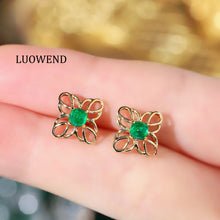 Load image into Gallery viewer, LUOWEND 18K Yellow Gold Natural Emerald Stud Earrings for Women