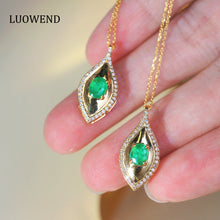 Load image into Gallery viewer, LUOWEND 18K Yellow Gold Real Natural Emerald and Diamond Gemstone Necklace for Women