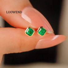 Load image into Gallery viewer, LUOWEND 18K Yellow Gold Real Natural Emerald Earrings for Women