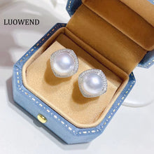 Load image into Gallery viewer, LUOWEND 18K White Gold Real Natural Diamond and Australian White Pearl Earrings for Women