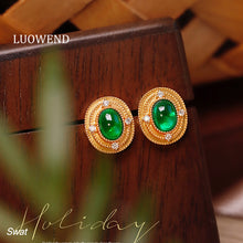Load image into Gallery viewer, LUOWEND 18K Yellow Gold Real Natural Emerald and Diamond Gemstone Earrings for Women