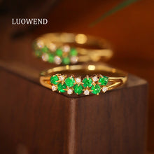 Load image into Gallery viewer, LUOWEND 18K Yellow Gold Real Natural Emerald Ring for Women