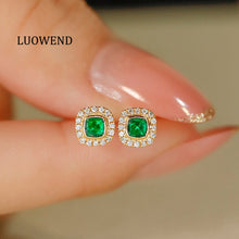 Load image into Gallery viewer, LUOWEND 18K Yellow Gold Real Natural Emerald and Diamond Gemstone Earrings for Women