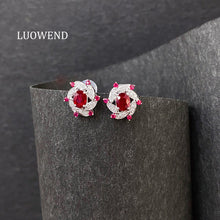 Load image into Gallery viewer, LUOWEND 18K White Gold Natural Diamond and Ruby Earrings for Women