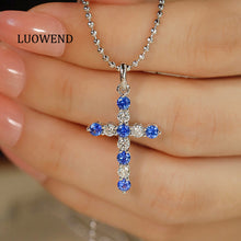 Load image into Gallery viewer, LUOWEND 18K White Gold Cross Pendant Real Natural Sapphire Necklace for Women