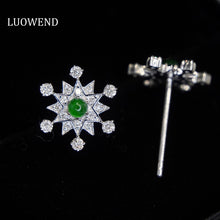 Load image into Gallery viewer, LUOWEND 18K White Gold Real Natural Jadeite and Diamond Gemstone Earrings for Women