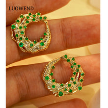 Load image into Gallery viewer, LUOWEND 18K Yellow Gold Real Natural Emerald Stud Earrings for Women