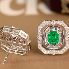 Load image into Gallery viewer, LUOWEND 18K White Gold Real Natural Emerald and Diamond Stud Earrings for Women