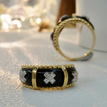 Load image into Gallery viewer, LUOWEND 18K Yellow Gold Real Natural Black Agate and Diamond Gemstone Ring for Women