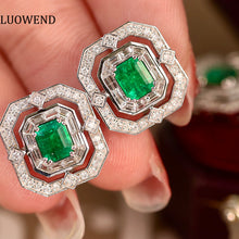 Load image into Gallery viewer, LUOWEND 18K White Gold Real Natural Emerald and Diamond Stud Earrings for Women