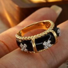 Load image into Gallery viewer, LUOWEND 18K Yellow Gold Real Natural Black Agate and Diamond Gemstone Ring for Women