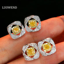 Load image into Gallery viewer, LUOWEND 18K White Gold Real Natural Yellow Diamond Stud Earrings for Women