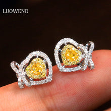 Load image into Gallery viewer, LUOWEND 18K White Gold Real Natural Yellow Diamond Stud Earrings for Women