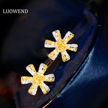 Load image into Gallery viewer, LUOWEND 18K White and Yellow Gold Real Natural Yellow Diamond Stud Earrings for Women