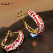 Load image into Gallery viewer, LUOWEND 18K Yellow Gold Real Natural Diamond and Ruby Gemstone Earrings for Women