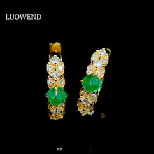 Load image into Gallery viewer, LUOWEND 18K Yellow Gold Real Natural Emerald and Diamond Gemstone Earrings for Women