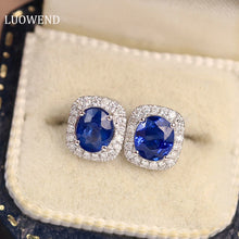 Load image into Gallery viewer, LUOWEND 18K White Gold Real Natural Sapphire and Diamond Gemstone Earrings for Women