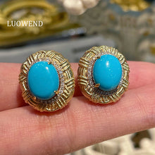 Load image into Gallery viewer, LUOWEND 18K Yellow Gold Natural Turquoise Earrings for Women