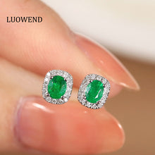 Load image into Gallery viewer, LUOWEND 18K White Gold Real Natural Emerald and Diamond Gemstone Earrings for Women