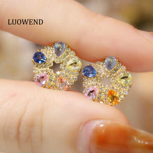 Load image into Gallery viewer, LUOWEND 18K Yellow Gold Real Natural Aquamarine and Diamond Earrings for Women