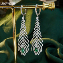 Load image into Gallery viewer, LUOWEND 18K White Gold Real Natural Emerald and Diamond Gemstone Earrings for Women