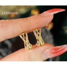 Load image into Gallery viewer, LUOWEND 18K Yellow Gold Real Natural Diamond Hoop Earrings for Women