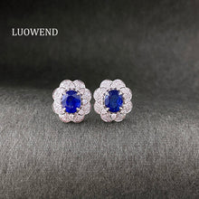Load image into Gallery viewer, LUOWEND 18K White Gold Natural Diamond and Sapphire Earrings for Women