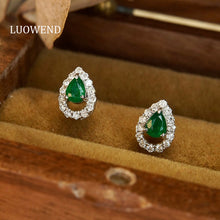 Load image into Gallery viewer, LUOWEND 18K White Gold Real Natural Emerald and Diamond Stud Earrings for Women