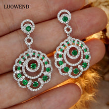 Load image into Gallery viewer, LUOWEND 18K White Gold Real Natural Emerald and Diamond Drop Earrings for Women
