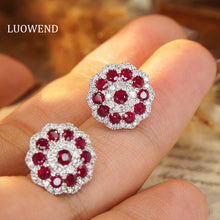 Load image into Gallery viewer, LUOWEND 18K White Gold Real Natural Ruby and Diamond Gemstone Earrings for Women