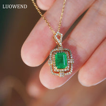 Load image into Gallery viewer, LUOWEND 18K Yellow Gold Natural Emerald Real Diamond Pendant Necklace for Women