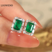 Load image into Gallery viewer, LUOWEND 18K White Gold Real Natural Emerald and Diamond Gemstone Earrings for Women