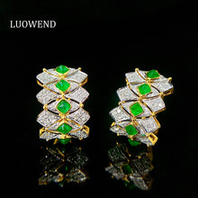 Load image into Gallery viewer, LUOWEND 18K White or Yellow Gold Real Natural Emerald and Diamond Gemstone Earrings for Women