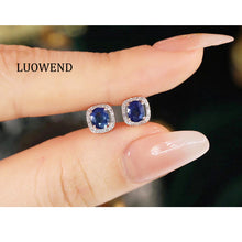 Load image into Gallery viewer, LUOWEND 18K White Gold Real Natural Diamond and Sapphire Earrings for Women