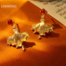 Load image into Gallery viewer, LUOWEND 18K Yellow Gold Real Natural Ruby and Diamond Gemstone Earrings for Women