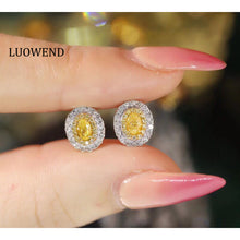 Load image into Gallery viewer, LUOWEND 18K White Gold Real Natural Yellow Diamond Stud Earrings for Women