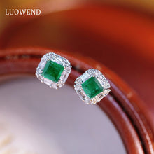 Load image into Gallery viewer, LUOWEND 18K White Gold Real Diamond Natural Emerald Earrings for Women