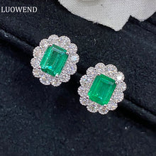 Load image into Gallery viewer, LUOWEND 18K White Gold Real Natural Emerald Gemstone Earrings for Women