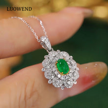 Load image into Gallery viewer, LUOWEND 18K White and Yellow Gold Real Natural Emerald and Diamond Gemstone Necklace for Women