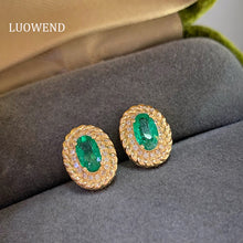Load image into Gallery viewer, LUOWEND 18K Yellow Gold Real Natural Emerald and Diamond Gemstone Earrings for Women